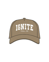 The 5 Panel Trucker Hat - Sand - Ignite Barre & Fitness - Center Crown Stacked - Embroidered - White