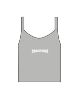 The Micro Rib Strappy Crop Tank - Heather - Coach Code - Back Center - "Coach Code" - Printed - White