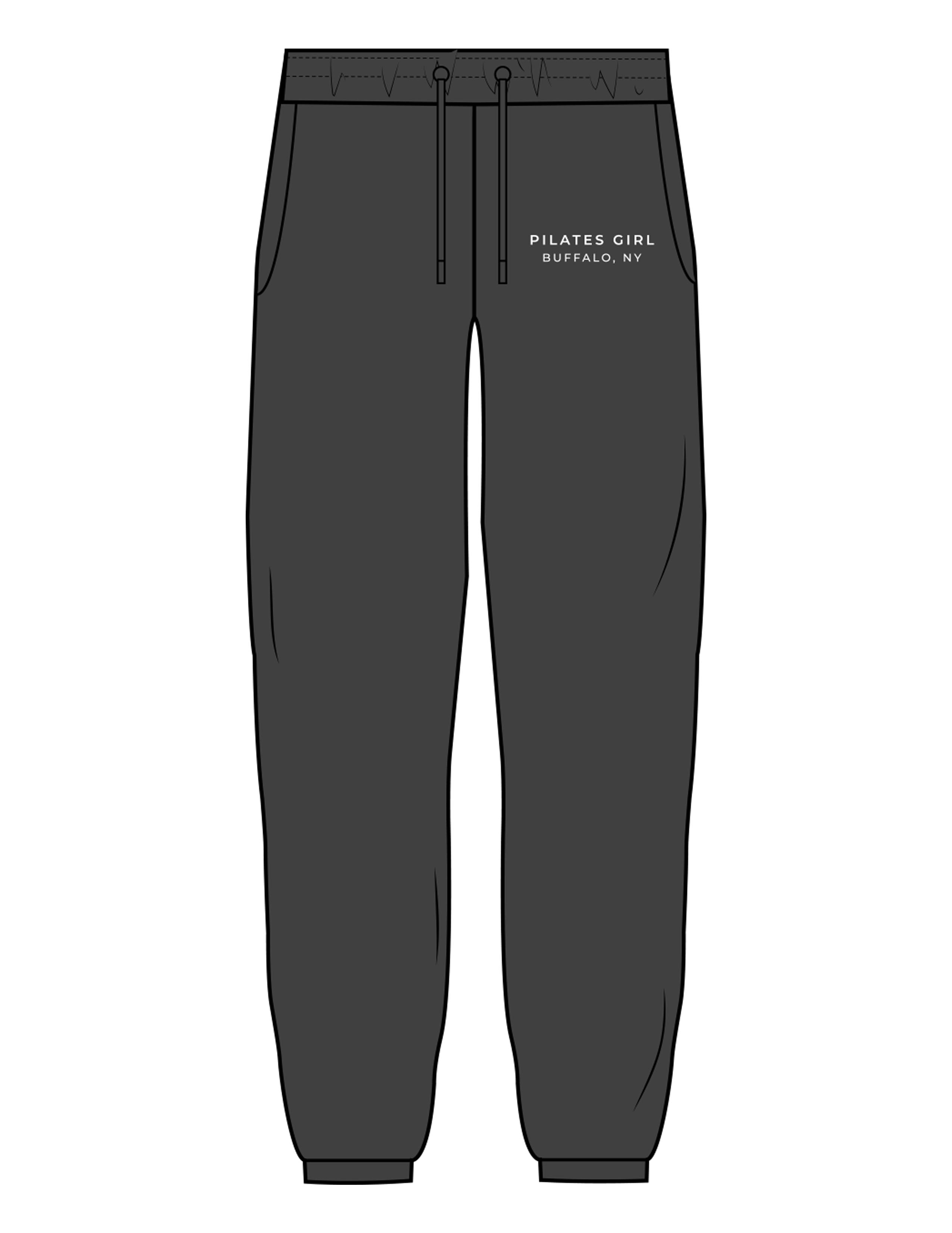 The Cargo Jogger - Charcoal - Movement Pilates Buffalo - Left Leg Stacked - Printed - White