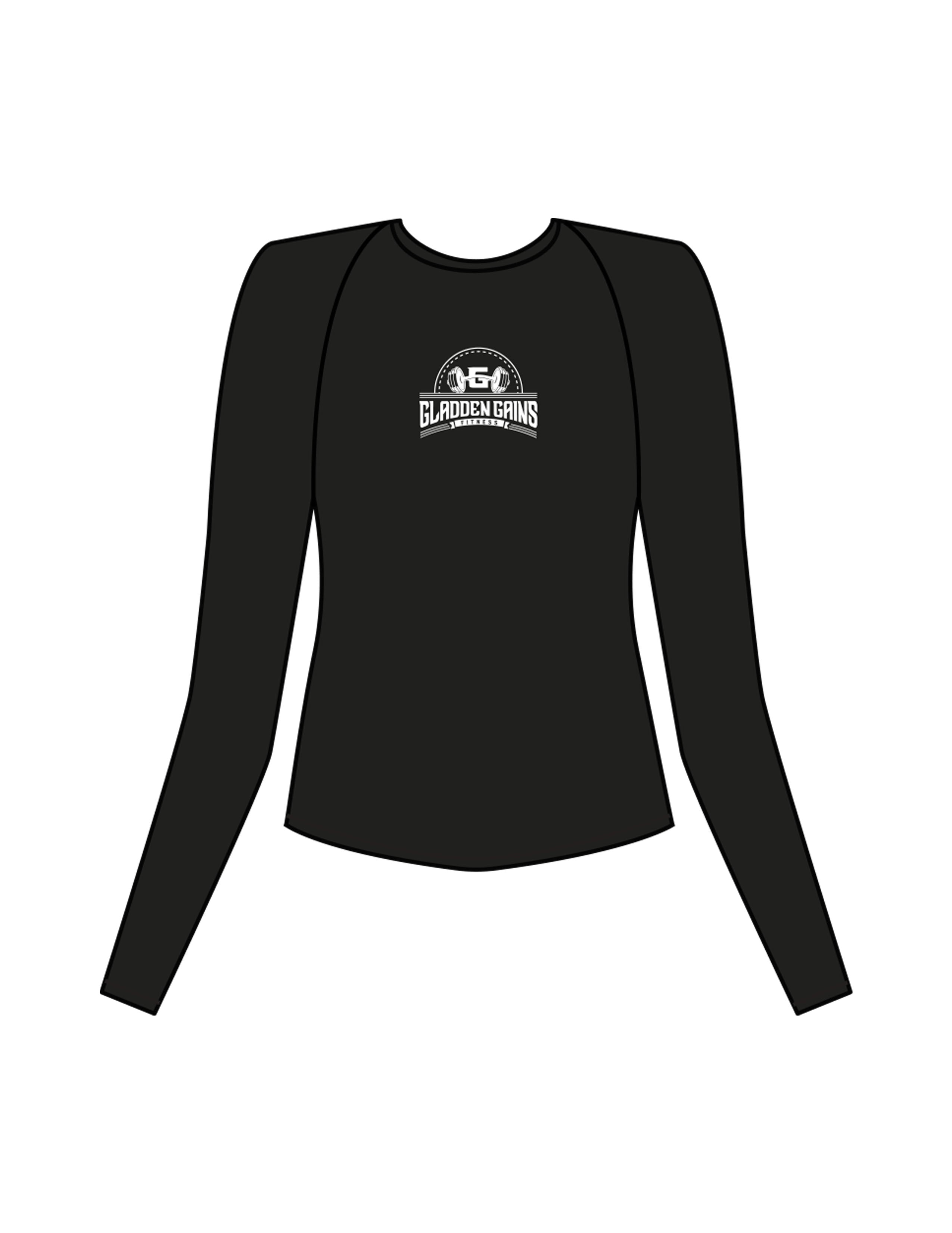 The Womens Sporty Long Sleeve - Black - Gladden Gains - Center Chest - Printed - White