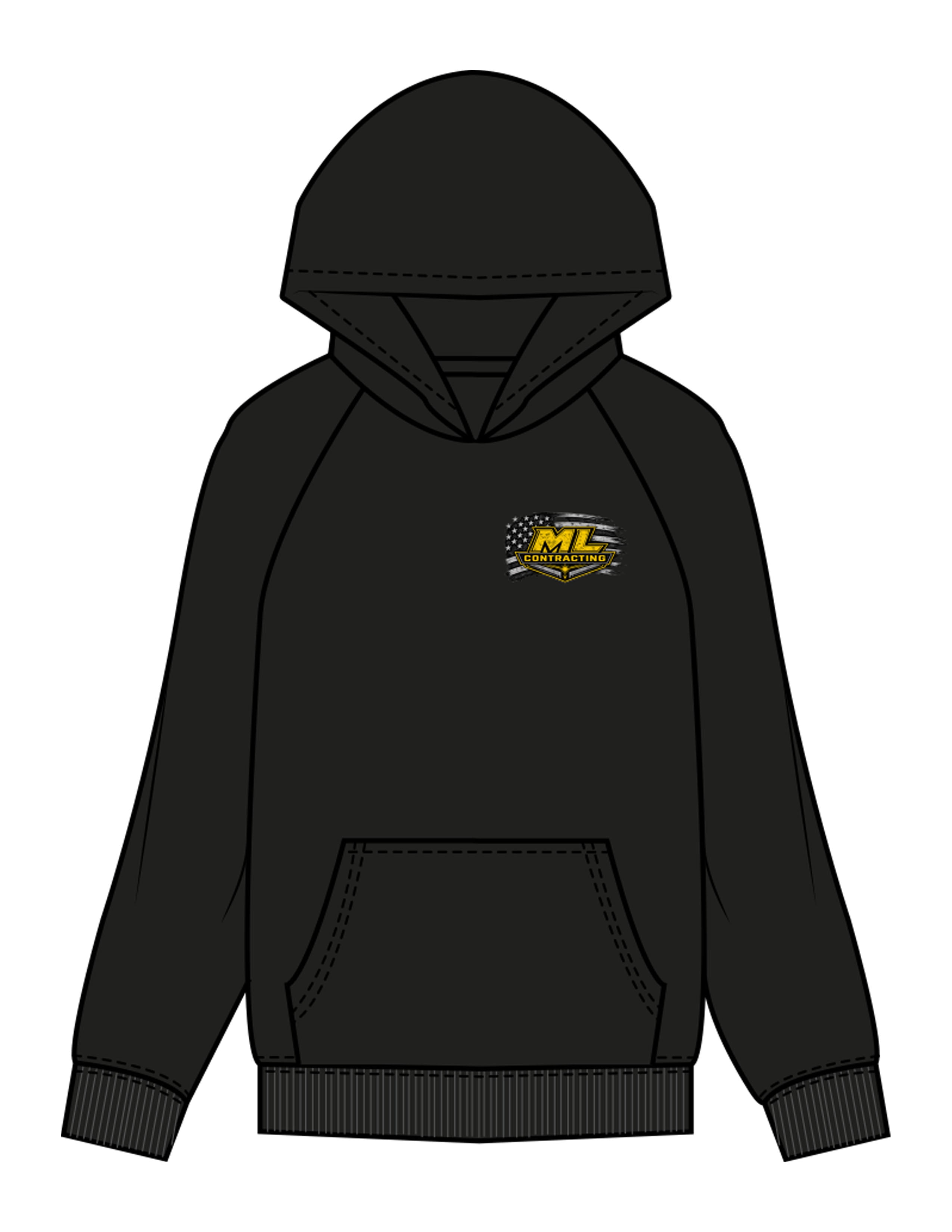 The Mens Hoodie - Black - ML Contracting LLC - Left Chest Flag & Back Image - Printed - Full Color