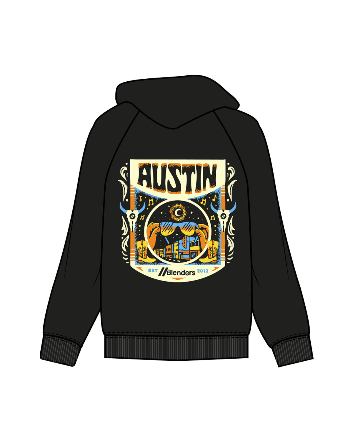 The Mens Heavyweight Hoodie - Black - Blenders - Left Chest & Back "AUSTIN" - Printed - Full Color