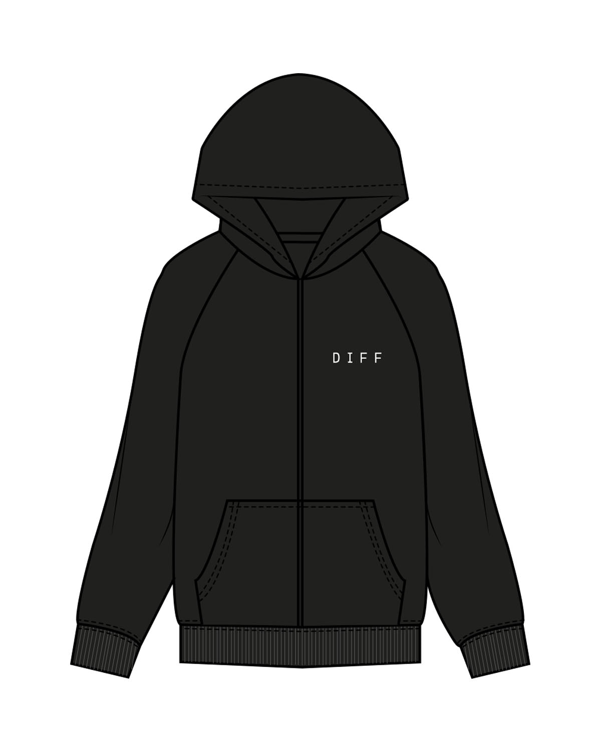 THE MENS ZIP HOODIE - Black - DiffEyewear - Left Chest "DIFF" - Printed - White