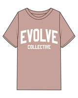 The Womens Heavyweight Tee - Washed Clay - Evolve Collective - Center Chest Stacked - Printed - White
