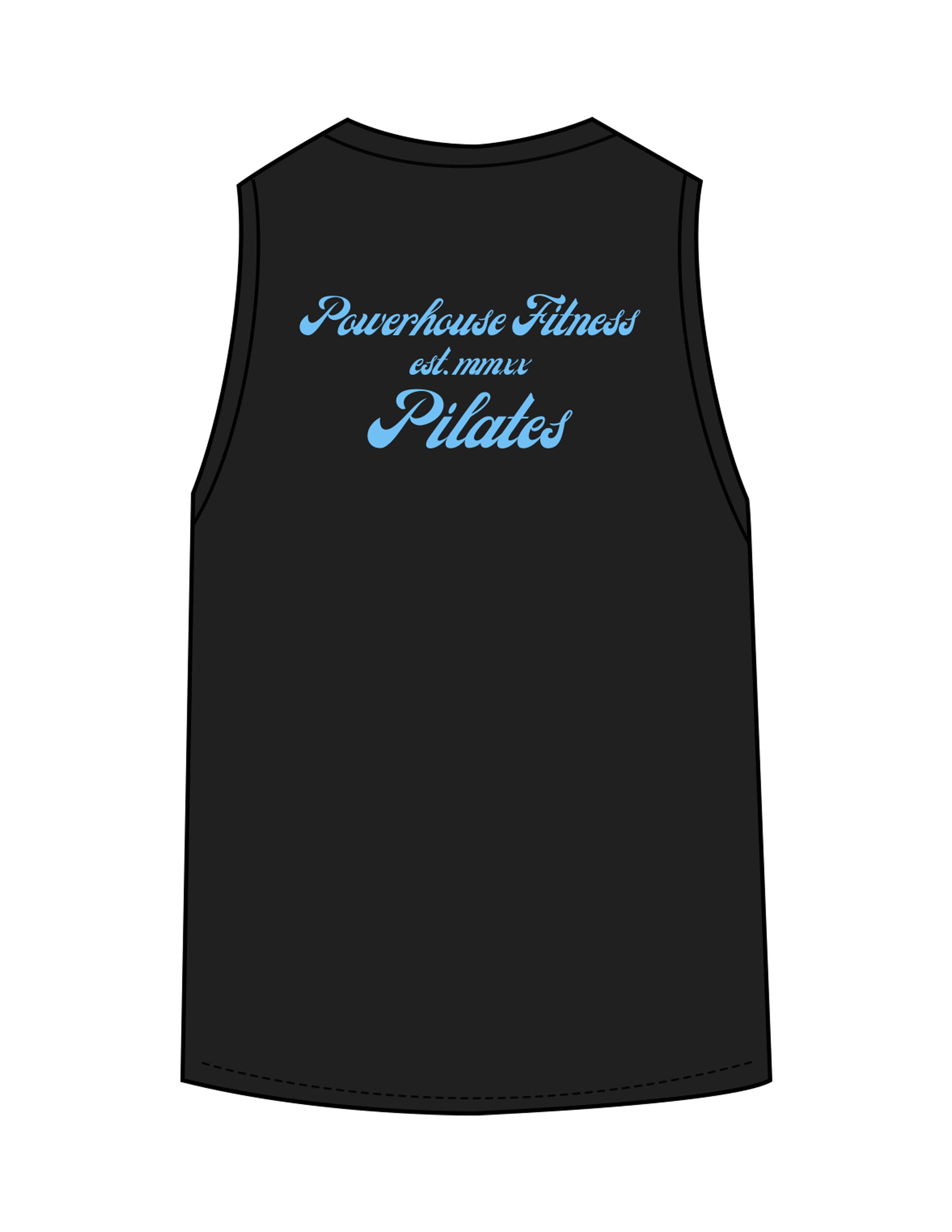 The Classic Full Length Tank - Black - Powerhouse Fitness - Left Chest & Back Stacked - "PIlates" Printed - Teal