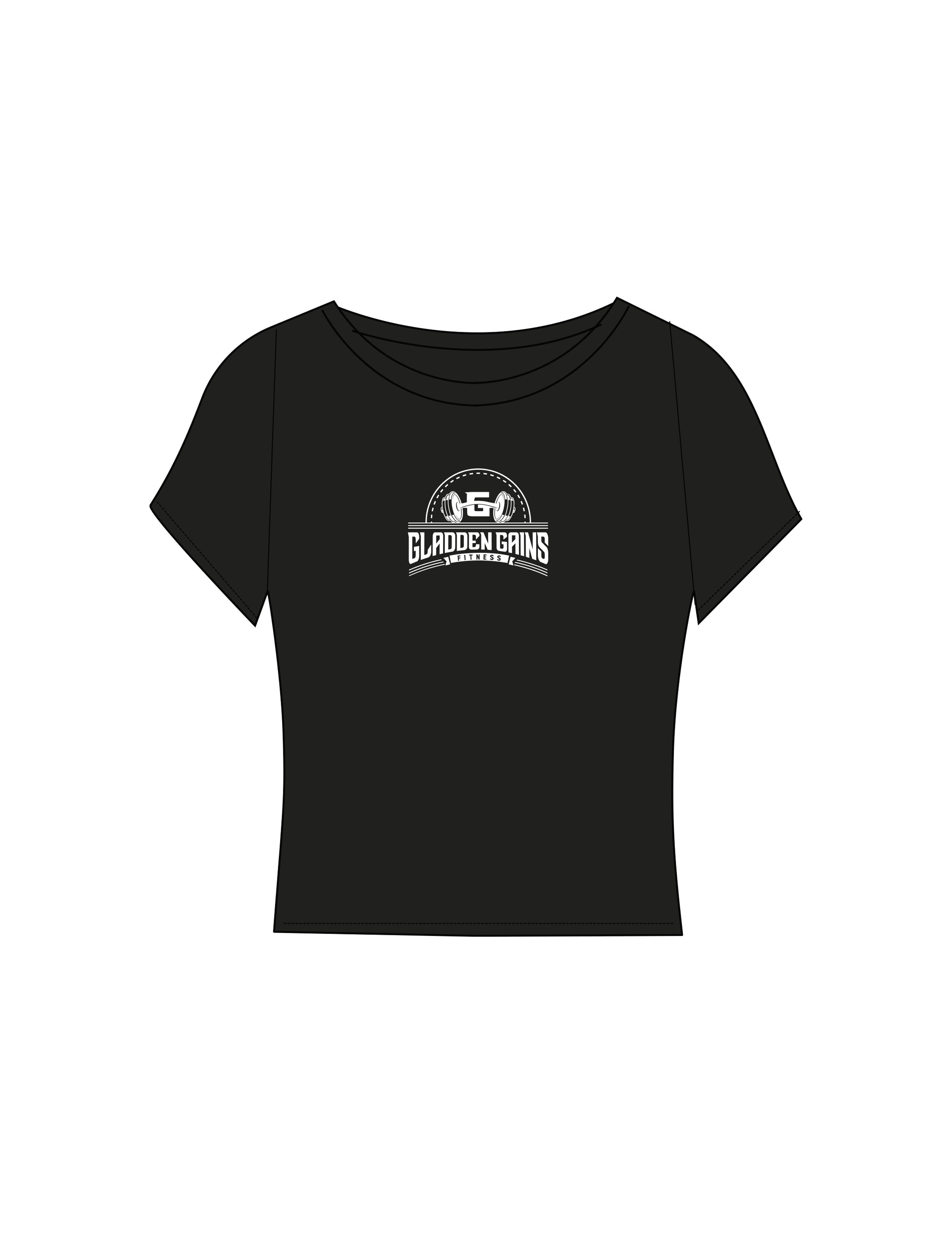 The Sporty Crop Short Sleeve - Black - Gladden Gains - Center Chest - Printed - White