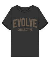 The Womens Heavyweight Tee - Washed Black - Evolve Collective - Center Chest Stacked - Printed - Brown