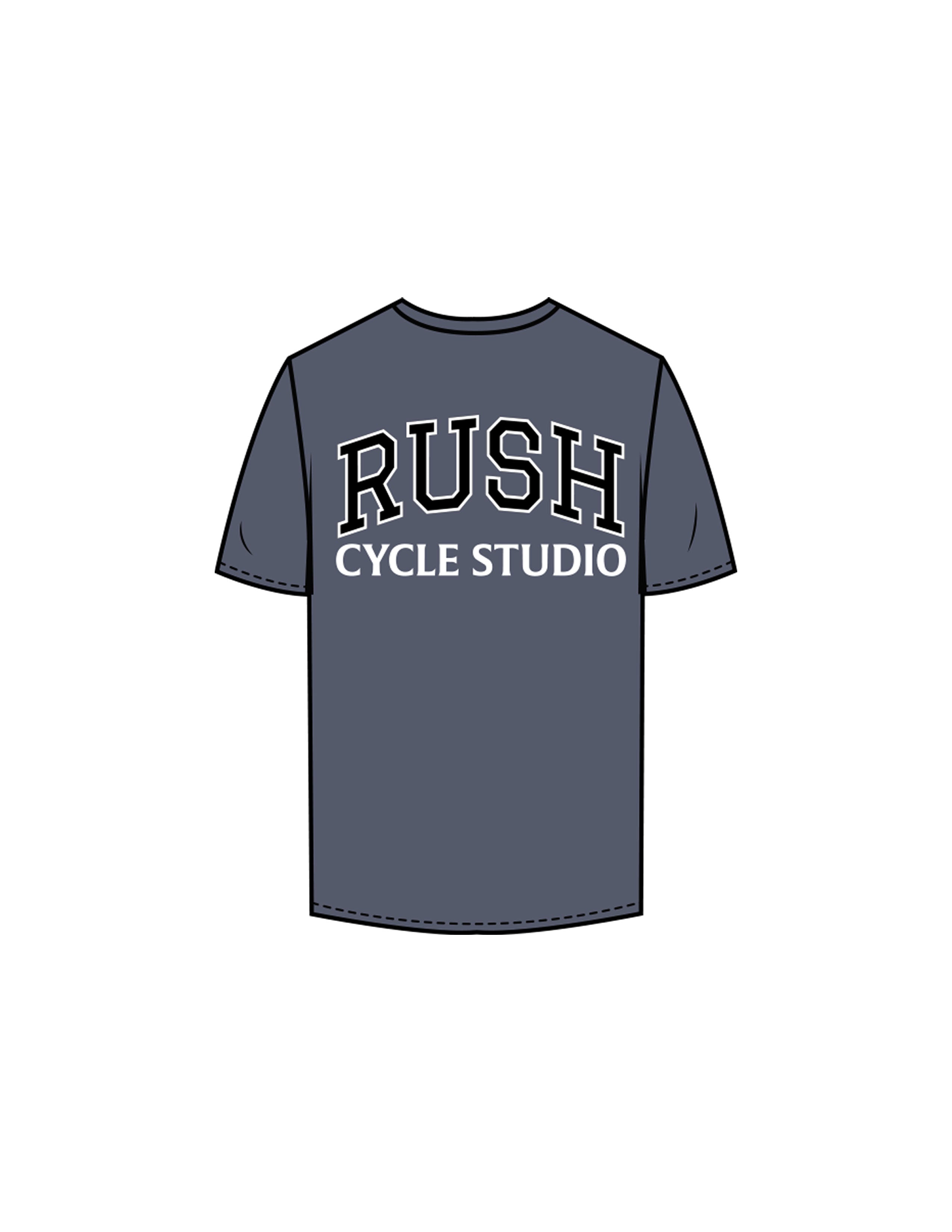 The Mens Tee - Petrol - Rush Cycle Studio - Back Stacked - Printed - Full Color