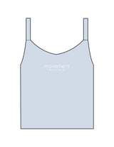 The Micro Rib Strappy Crop Tank - Baby Blue - Movement Pilates Buffalo - Center Chest Stacked - Printed - White