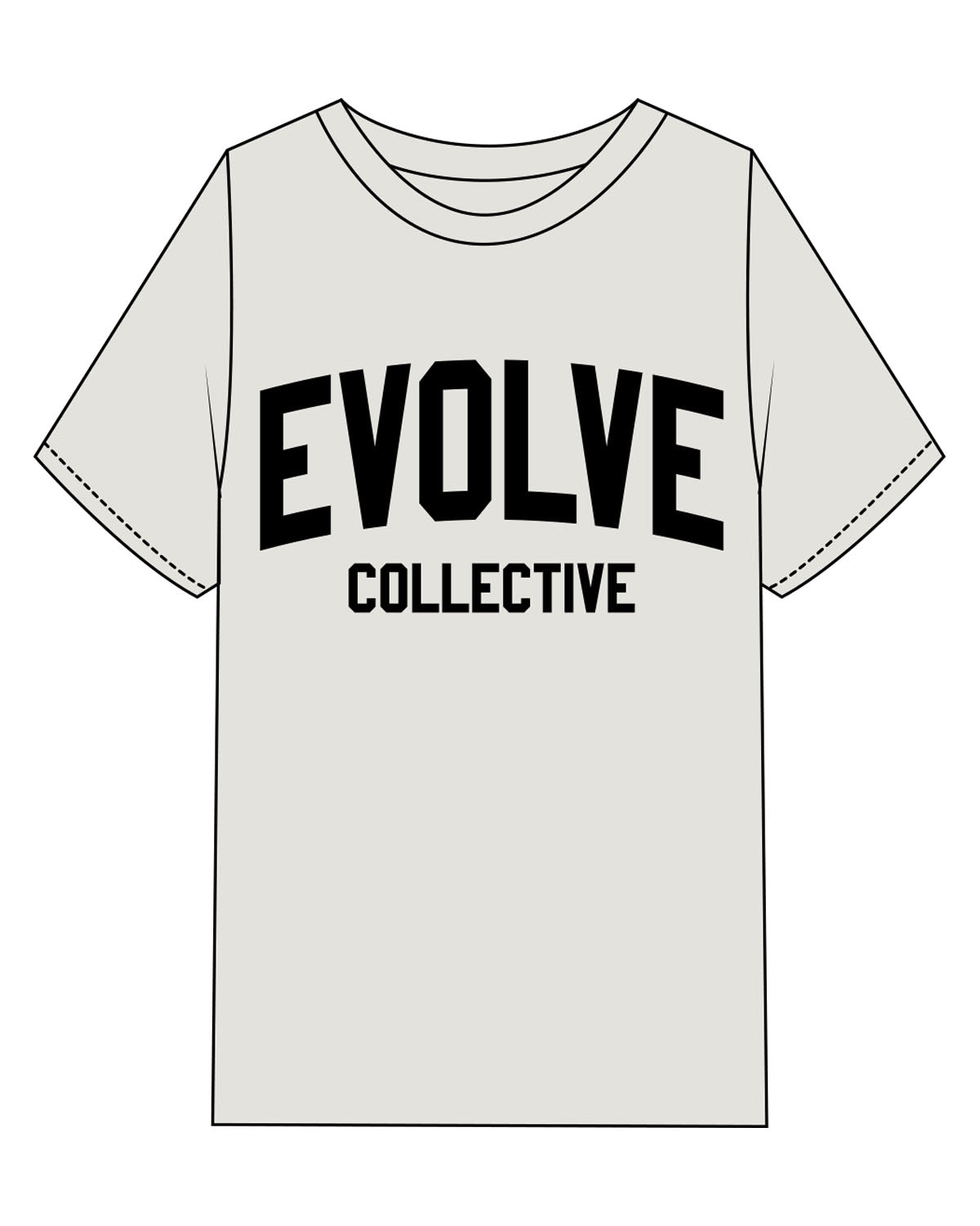 The Womens Heavyweight Tee - Washed Bone - Evolve Collective - Center Chest Stacked - Printed - Black