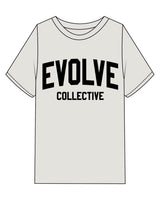 The Womens Heavyweight Tee - Washed Bone - Evolve Collective - Center Chest Stacked - Printed - Black