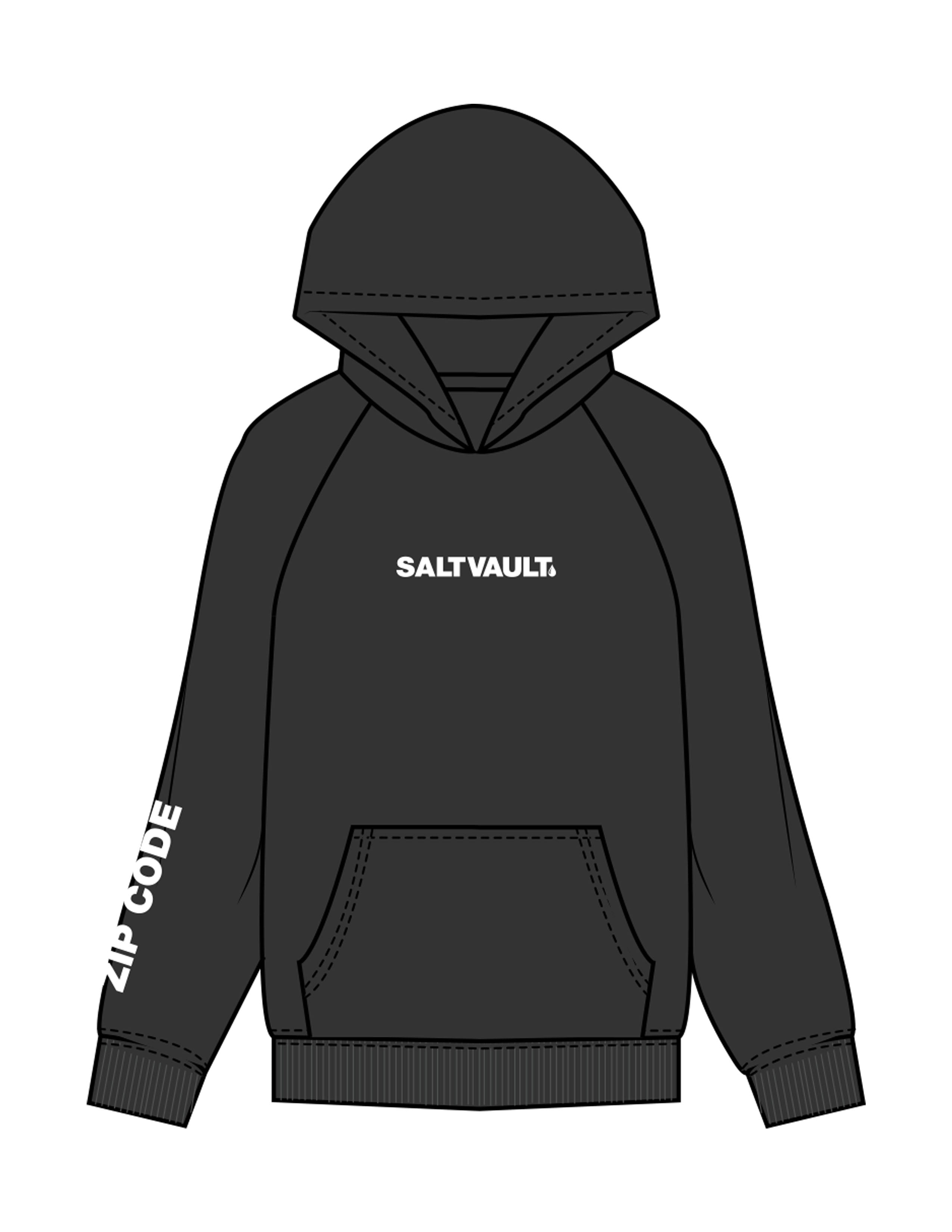 The Womens Hoodie - Washed Black - Saltvault Location - Left Chest & Right Sleeve - Printed - White
