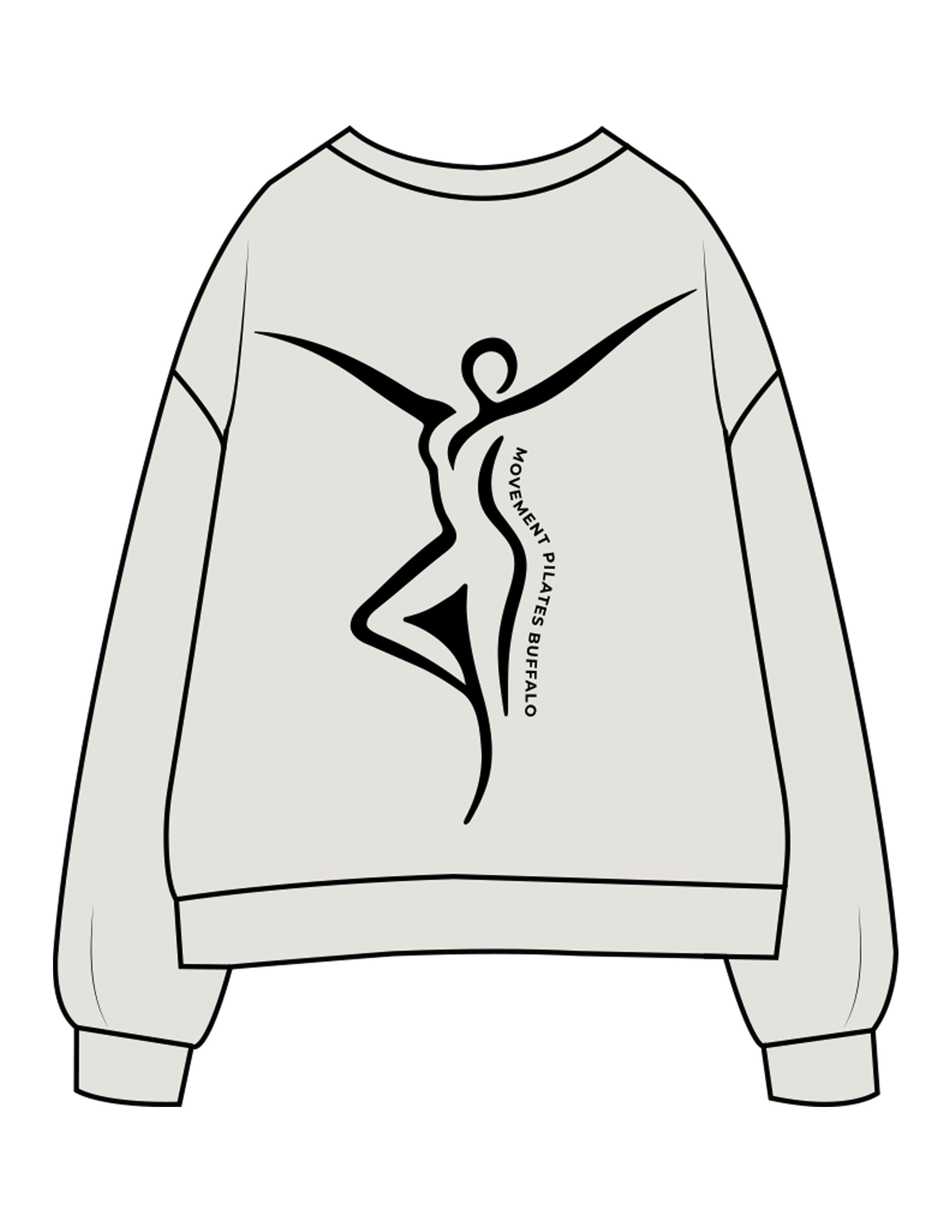 The Womens Crewneck - Washed Bone - Movement Pilates Buffalo - Full Back Icon - Printed - Black