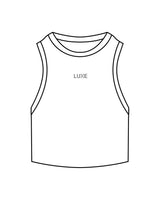 The Ribbed Crop Tank - White - Lagree Luxe - Centrer Chest "LUXE" - Embroidered - Black