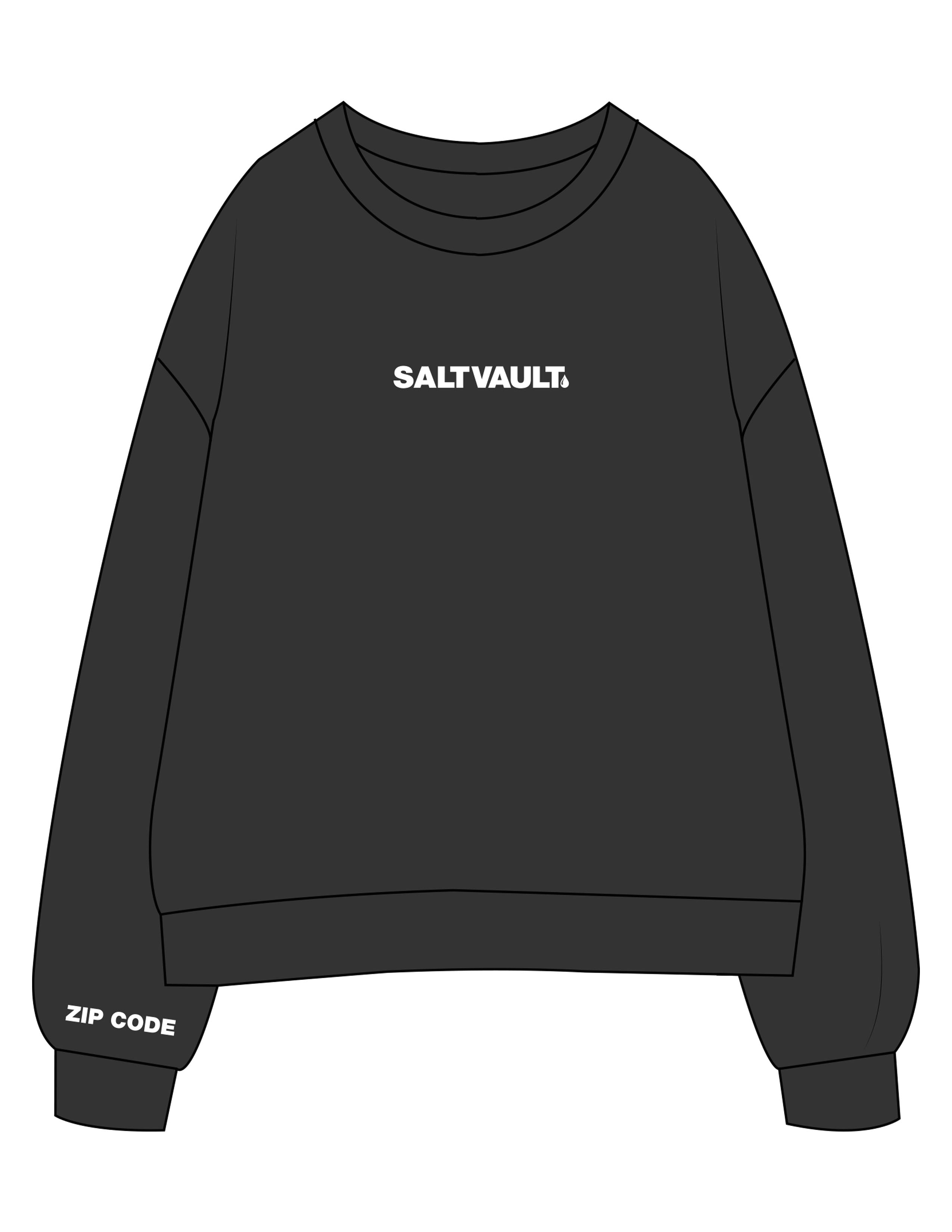 The Womens Crewneck - Washed Black - Saltvault Location - Center Chest & Right Wrist - Embroidered - White
