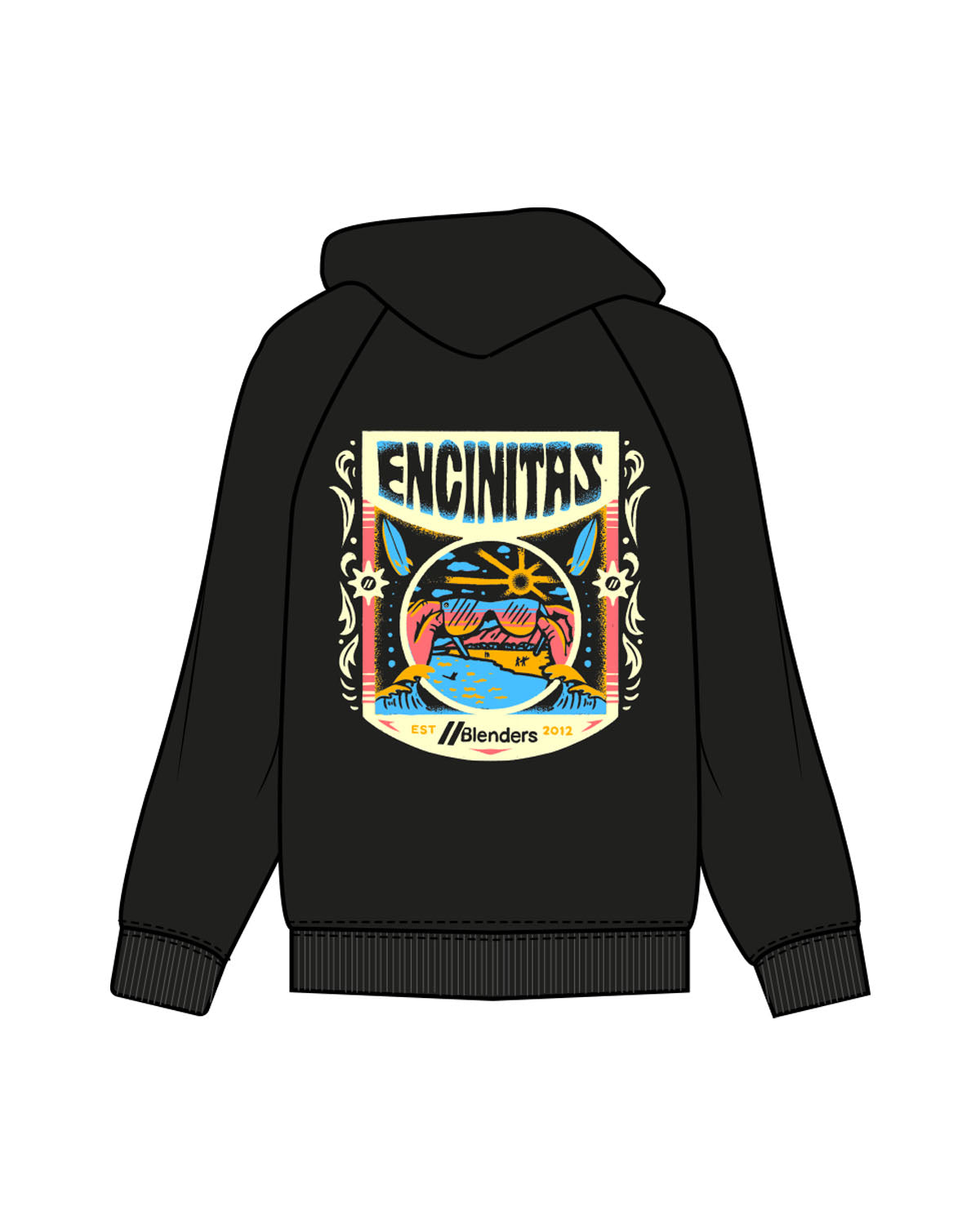 The Mens Heavyweight Hoodie - Black - Blenders - Left Chest & Back "ENCINITAS" - Printed - Full Color