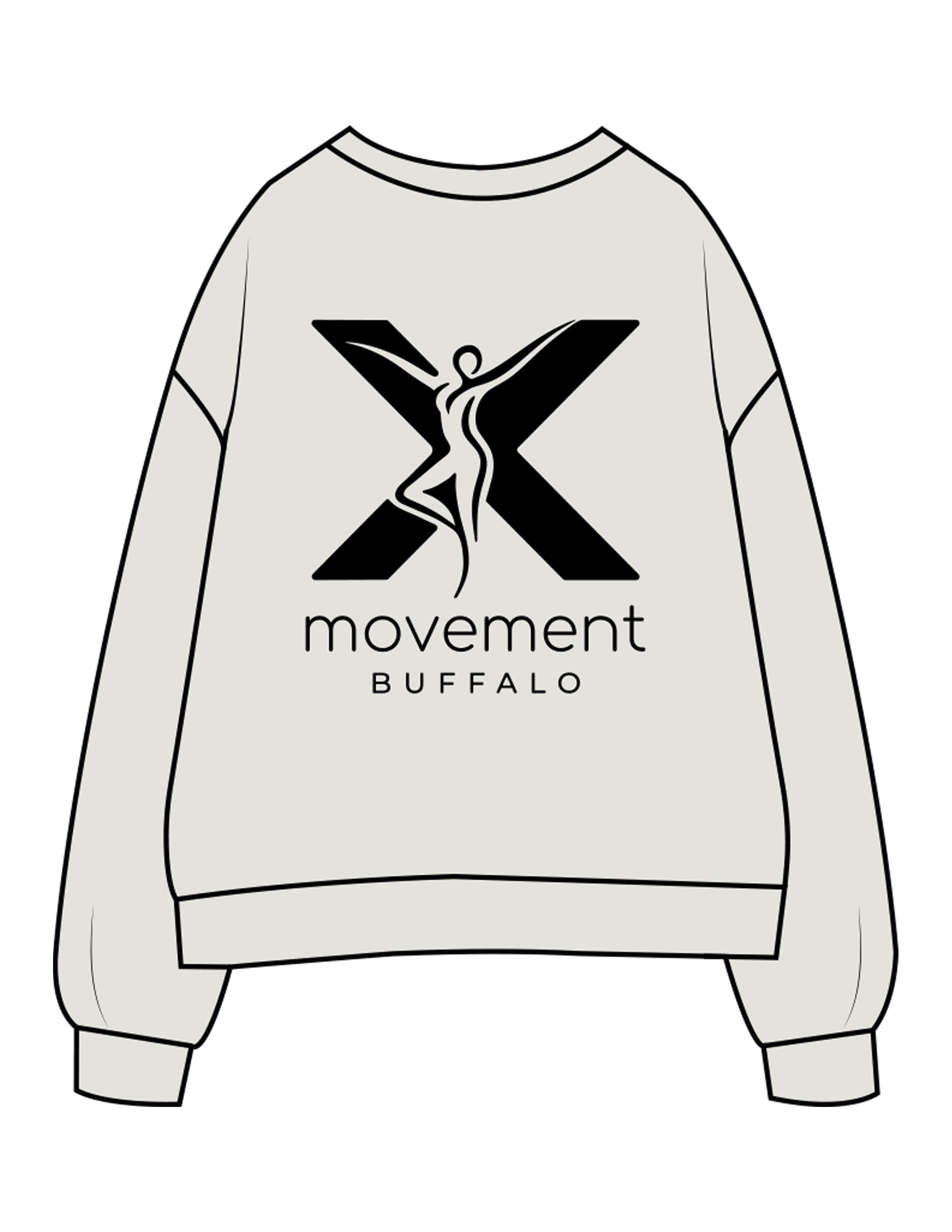 The Womens Crewneck - Washed Bone - Movement Pilates Buffalo - Back Stacked "X" - Printed - Black