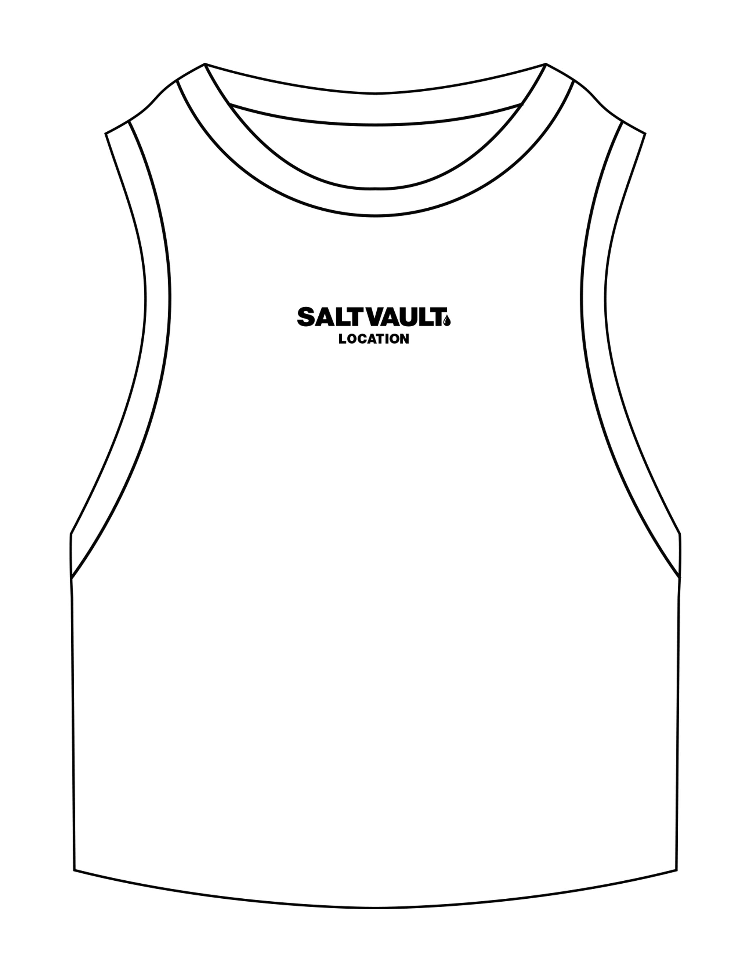 The Ribbed Crop Tank - White - Saltvault Location - Center Chest Stacked - Embroidered - Full Color