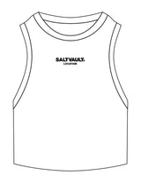 The Ribbed Crop Tank - White - Saltvault Location - Center Chest Stacked - Embroidered - Full Color