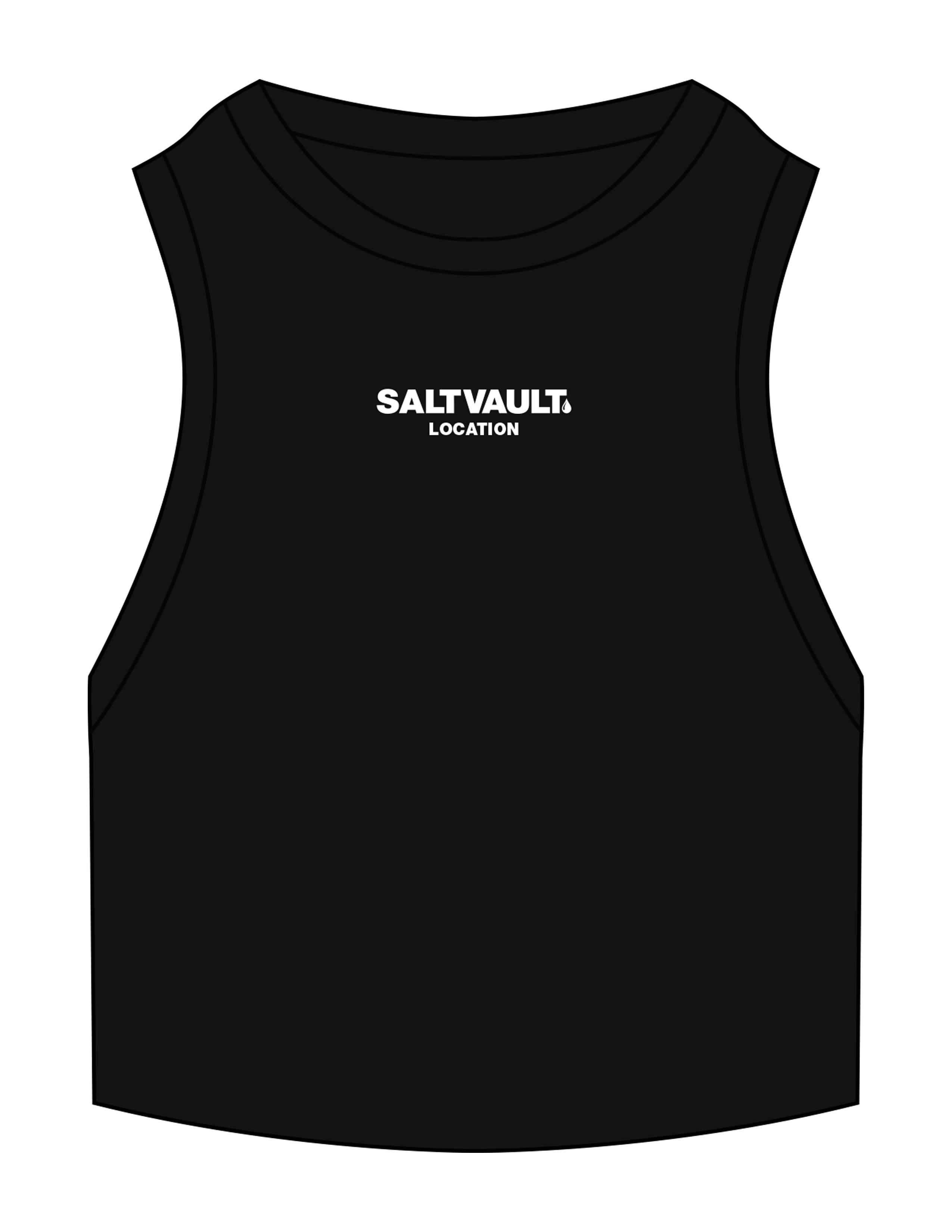 The Ribbed Crop Tank - Black - Saltvault Location - Center Chest Stacked - Embroidered - Full Color