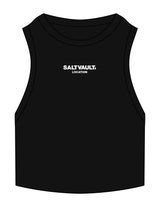 The Ribbed Crop Tank - Black - Saltvault Location - Center Chest Stacked - Embroidered - Full Color