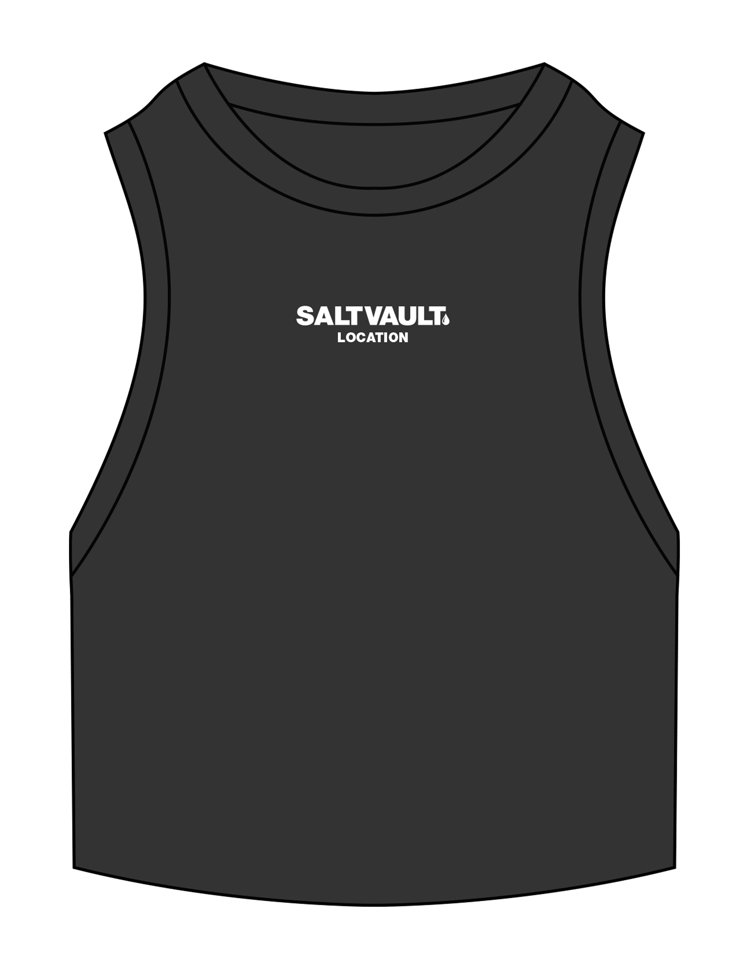 The Ribbed Crop Tank - Washed Black - Saltvault Location - Center Chest Stacked - Embroidered - Full Color