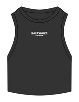 The Ribbed Crop Tank - Washed Black - Saltvault Location - Center Chest Stacked - Embroidered - Full Color