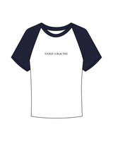 The Micro Rib Baby Tee - White / Navy - Evolve Collective - Center Chest - Printed - Navy