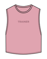 The Crop Muscle Tank - Bubblegum - Heroes Fitness - Center Chest "TRAINER" & Back Neckline - Printed - White