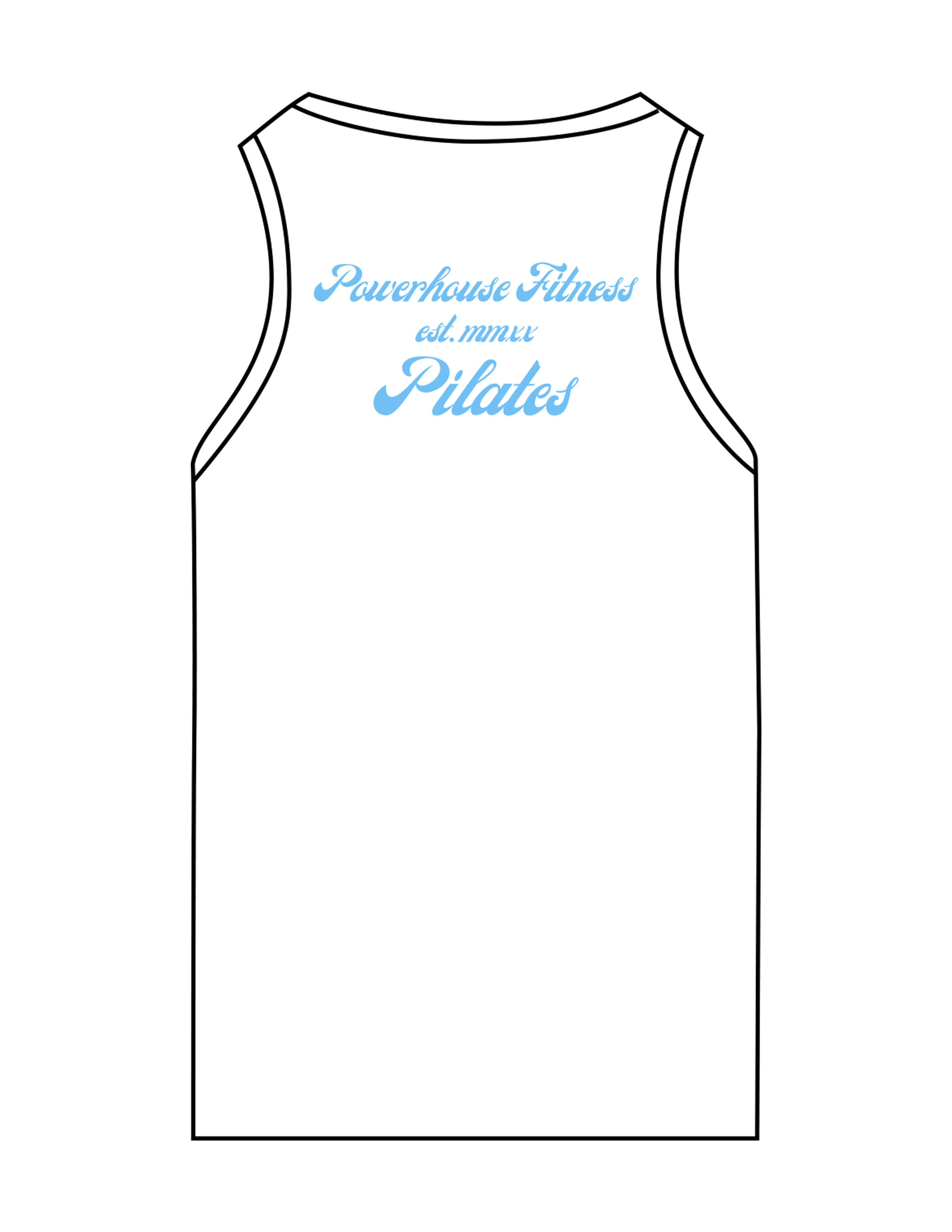 The Recycled Womens Tank - White - Powerhouse Fitness - Left Chest & Back Stacked - "Pilates" - Printed - Teal