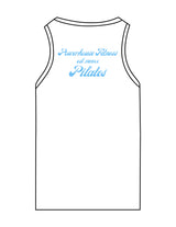 The Recycled Womens Tank - White - Powerhouse Fitness - Left Chest & Back Stacked - "Pilates" - Printed - Teal