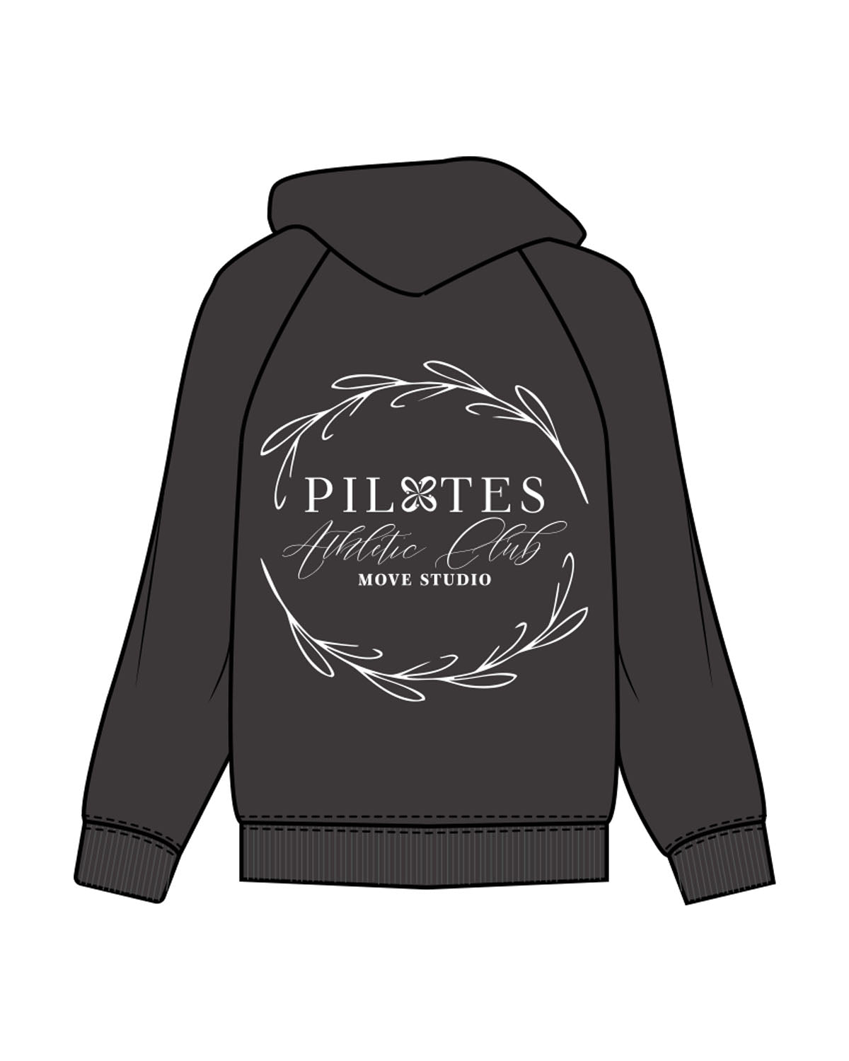 The Womens Hoodie - Washed Black - Move Studio - Left Chest Stacked & Back Full - Printed - White