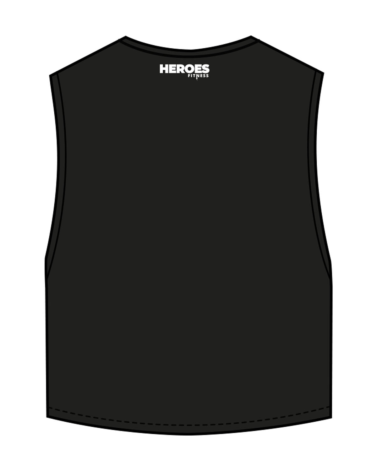 The Crop Muscle Tank - Black - Heroes Fitness - Center Chest "TRAINER" & Back Neckline - Printed - White