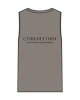 The Womens Heavyweight Tank - Washed Gray - Core Reform - Left Chest & Back Stacked - Printed - Black