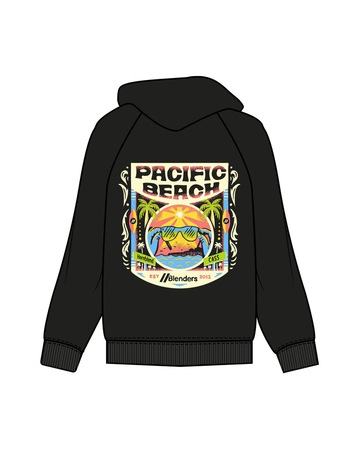 The Mens Heavyweight Hoodie - Black - Blenders - Left Chest & Back "Pacific Beach" - Printed - Full Color
