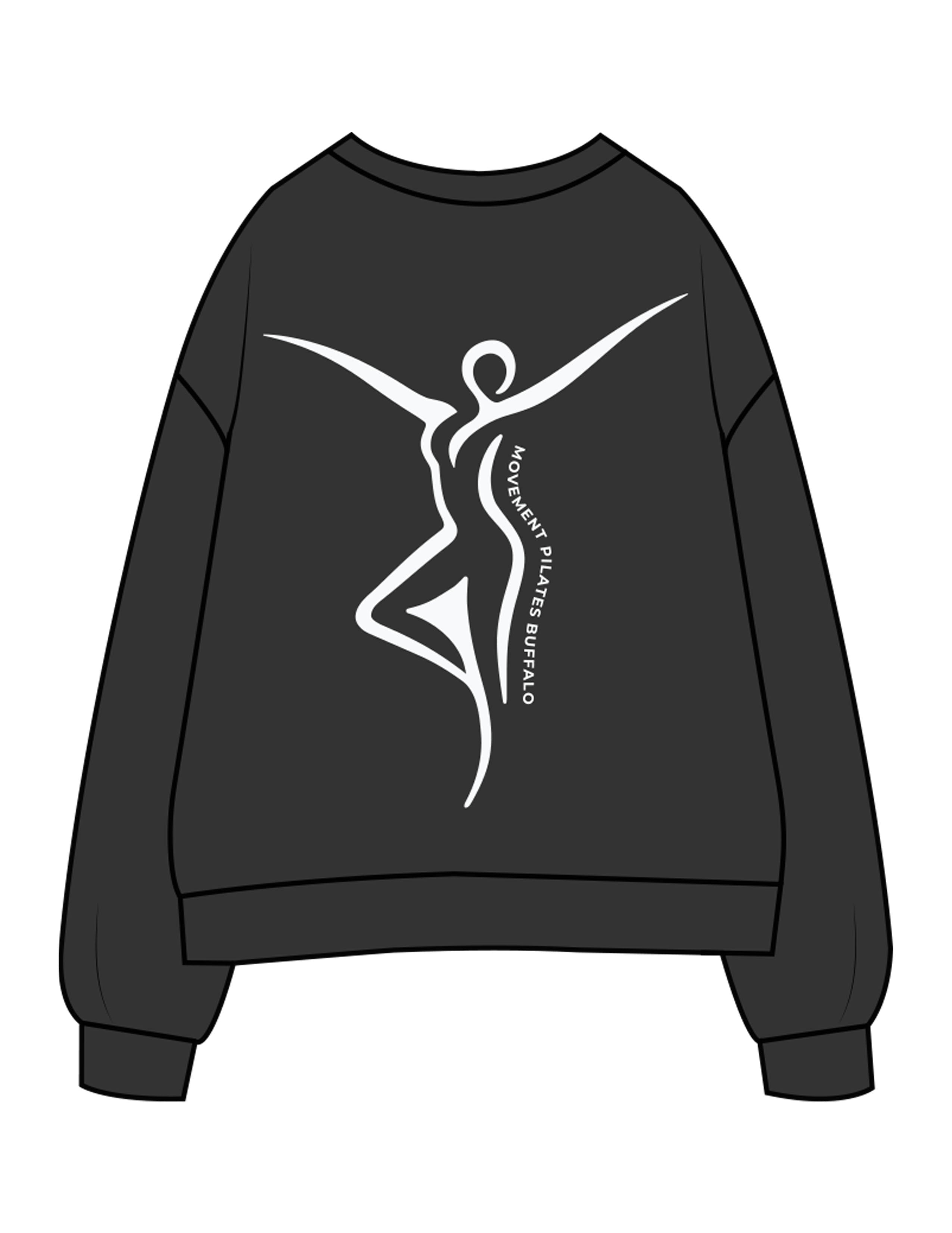 The Womens Crewneck - Washed Black - Movement Pilates Buffalo - Full Back Image - Printed - White