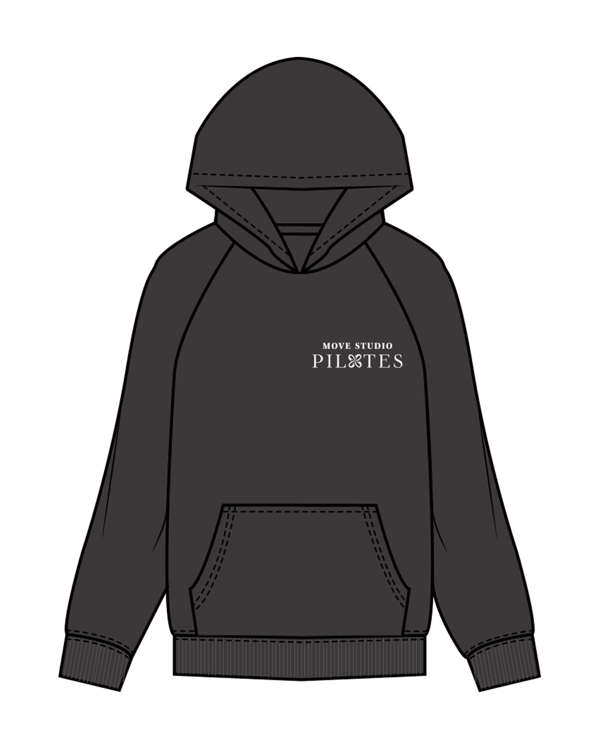 The Womens Hoodie - Washed Black - Move Studio - Left Chest Stacked & Back Full - Printed - White