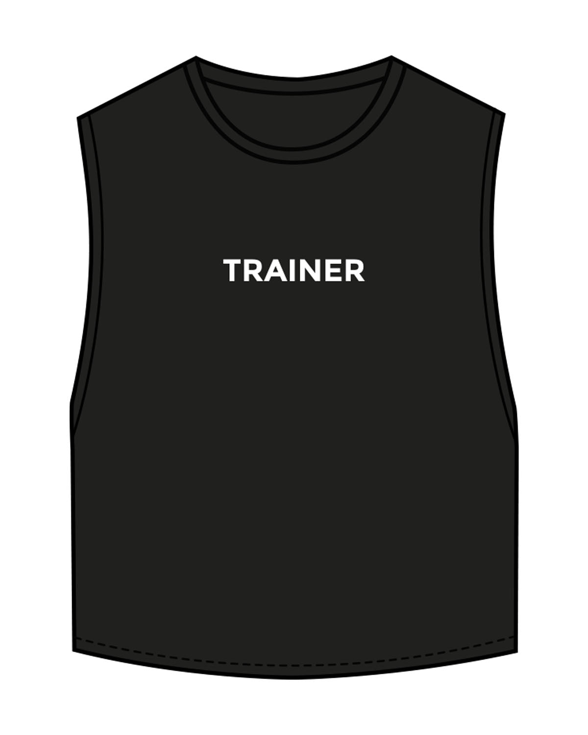 The Crop Muscle Tank - Black - Heroes Fitness - Center Chest "TRAINER" & Back Neckline - Printed - White