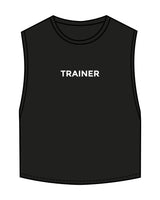 The Crop Muscle Tank - Black - Heroes Fitness - Center Chest "TRAINER" & Back Neckline - Printed - White