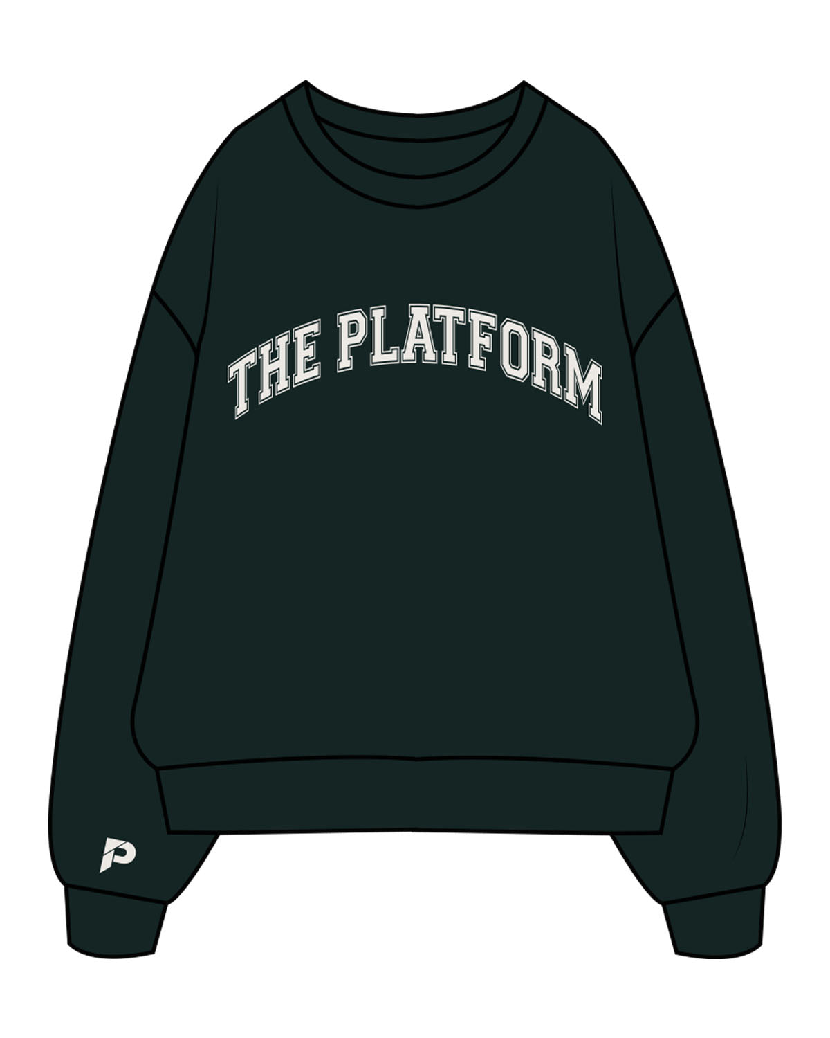 The Mens Crewneck - Pine Green - The Platform Studio - Center Chest Arched "THE PLATFORM " & Right Sleeve - Printed - Bone