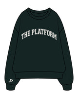 The Mens Crewneck - Pine Green - The Platform Studio - Center Chest Arched "THE PLATFORM " & Right Sleeve - Printed - Bone