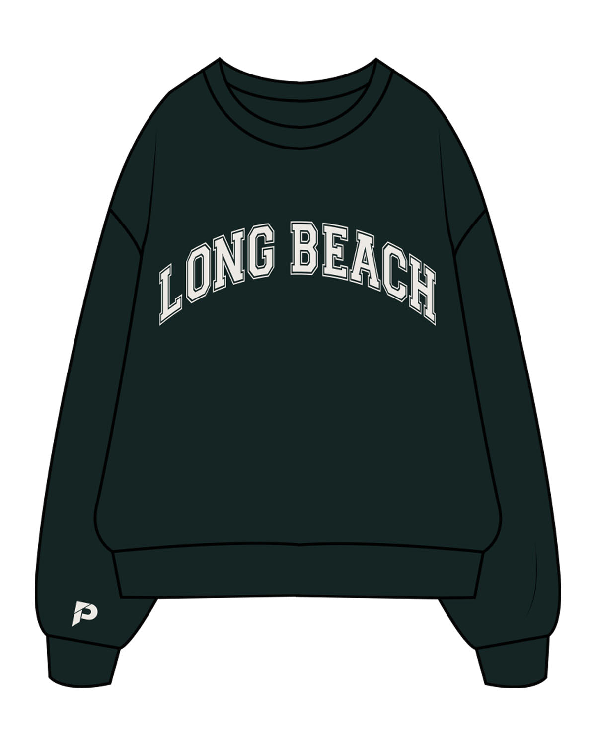 The Mens Crewneck - Pine Green - The Platform Studio - Center Chest Arched "LONG BEACH" & Right Sleeve - Printed - Bone