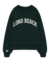 The Mens Crewneck - Pine Green - The Platform Studio - Center Chest Arched "LONG BEACH" & Right Sleeve - Printed - Bone