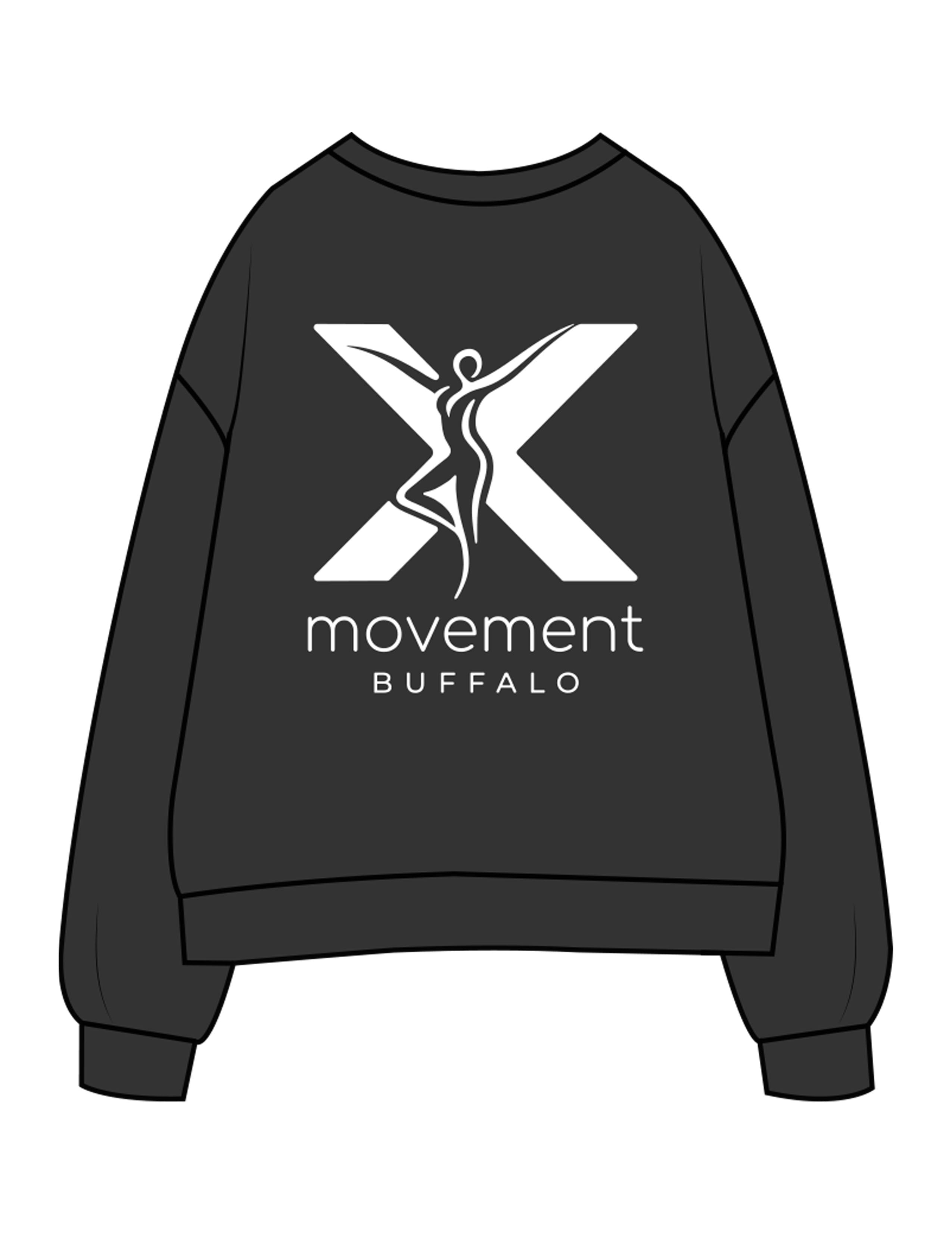 The Womens Crewneck - Washed Black - Movement Pilates Buffalo - Back Stacked "X" - Printed - White