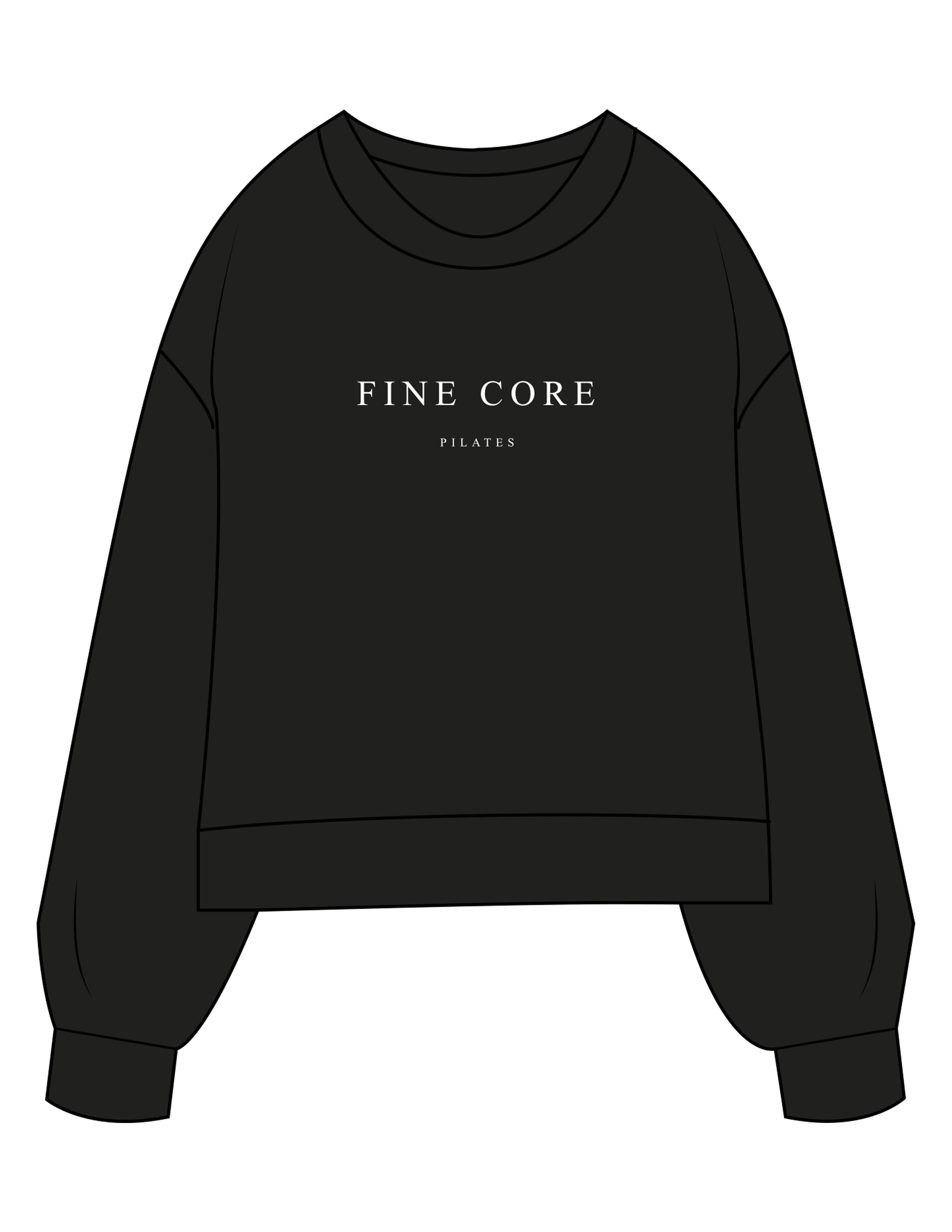The Womens Sueded Crewneck - Black - Fine Core Pilates - Center Chest Stacked - Printed - White