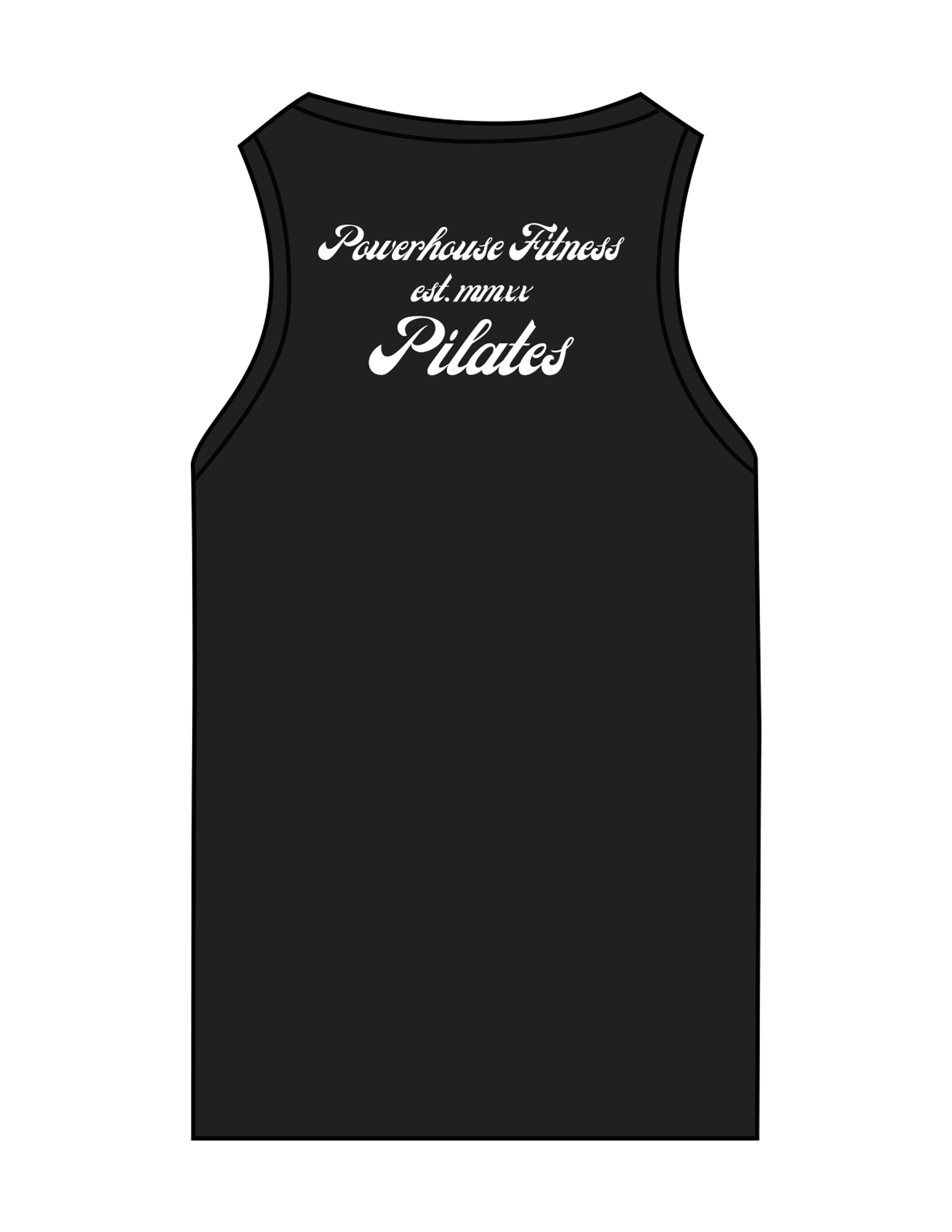 The Recycled Womens Tank - Black - Powerhouse Fitness - Left Chest & Back Stacked - Printed - White