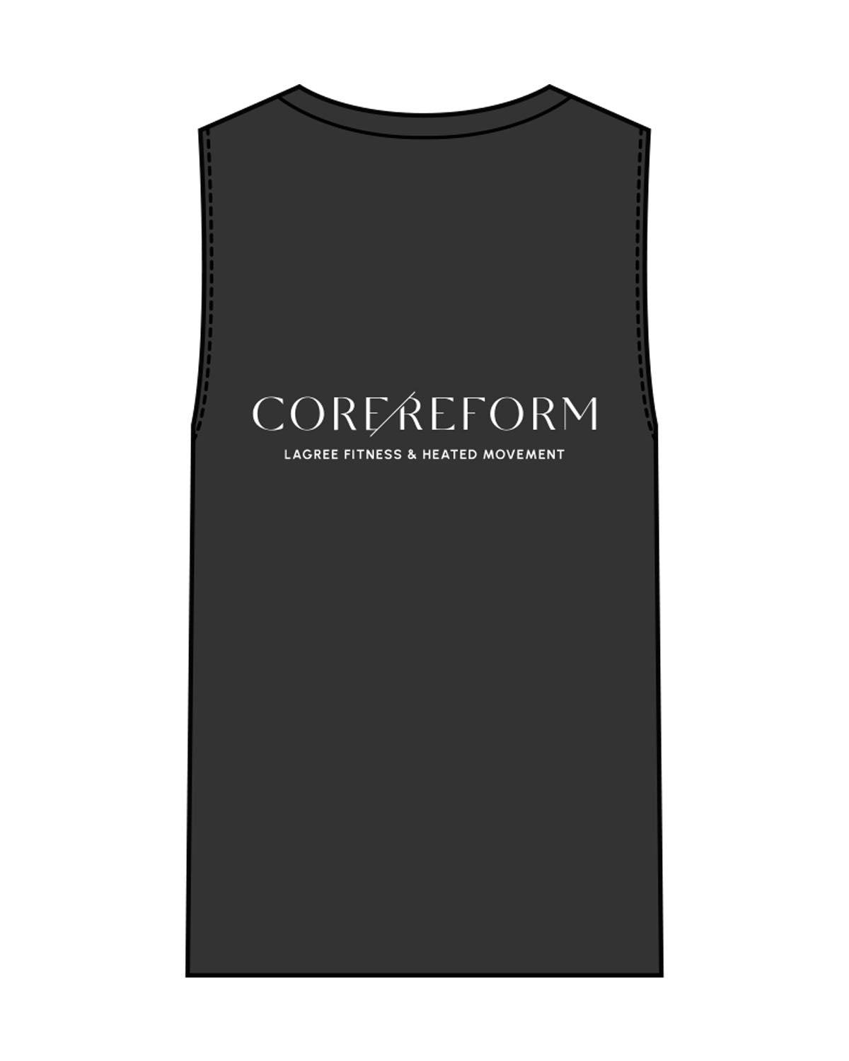 The Womens Heavyweight Tank - Washed Black - Core Reform - Left Chest & Back Stacked - Printed - White