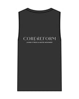 The Womens Heavyweight Tank - Washed Black - Core Reform - Left Chest & Back Stacked - Printed - White