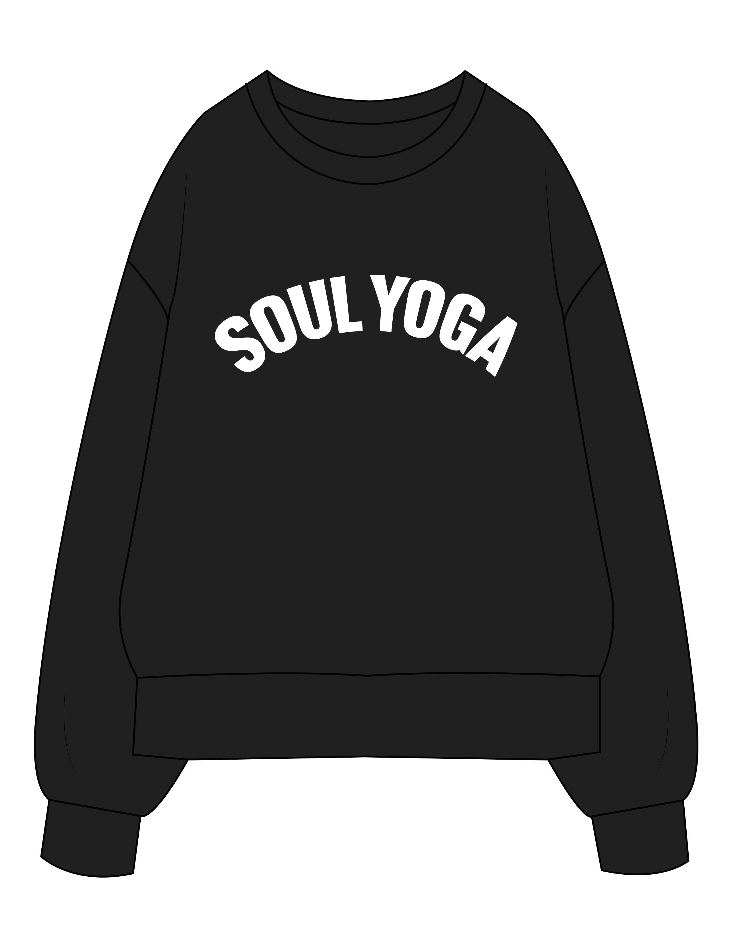 The Womens Heavyweight Crewneck - Black - SOUL YOGA - Center Chest Arc - Printed - White