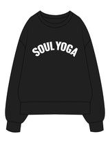 The Womens Heavyweight Crewneck - Black - SOUL YOGA - Center Chest Arc - Printed - White